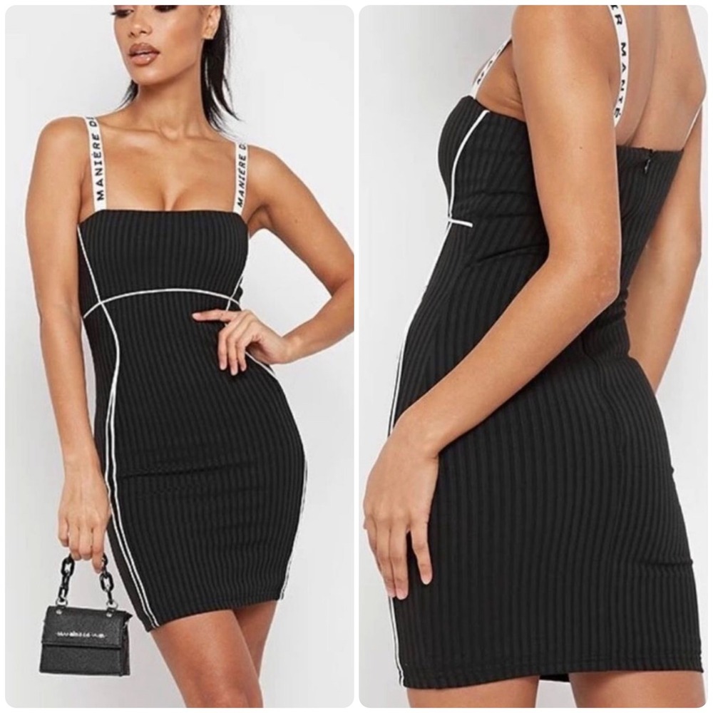 Maniere De Voir Womens Black Ribbed Logo Strap Sporty Chic Bodycon Mini Dress 12